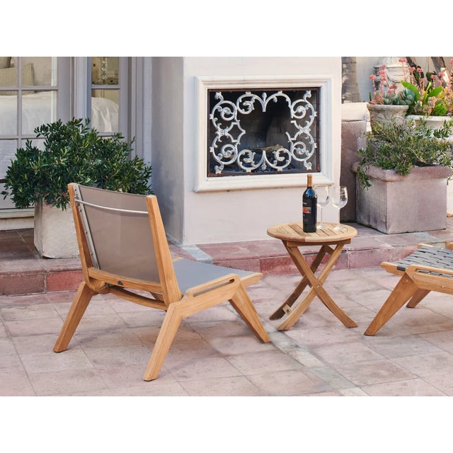 Transitional Hi Teak Draper Teak Outdoor Sling Chat Chair For Sale - Image 3 of 6