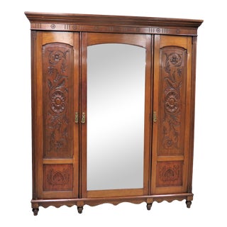 English Relief Carved Triple Door Wardrobe or Armoire For Sale