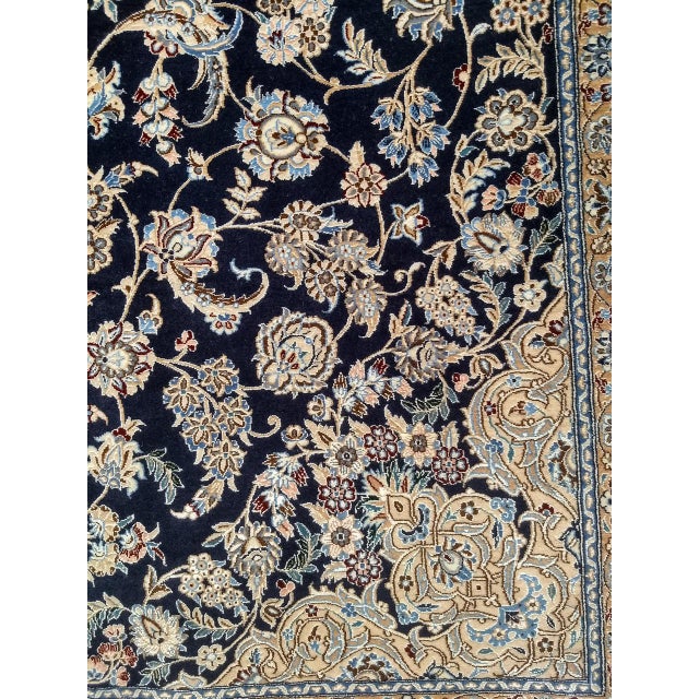 Vintage Persian Nain Area Rug, Hand-Knotted Wool & Silk, Garden of Paradise Pattern, 4x7, Navy & Tan For Sale - Image 4 of 6
