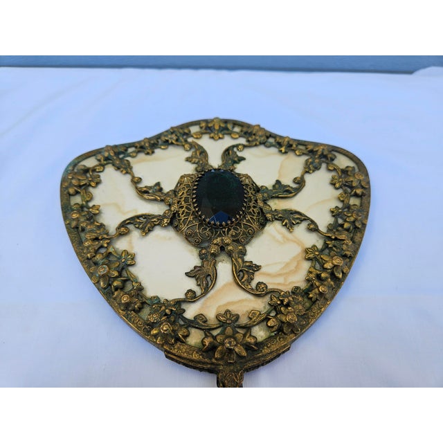1950s Venetian Brass Filigree Jeweled Mirror and Brush Set For Sale - Image 5 of 17