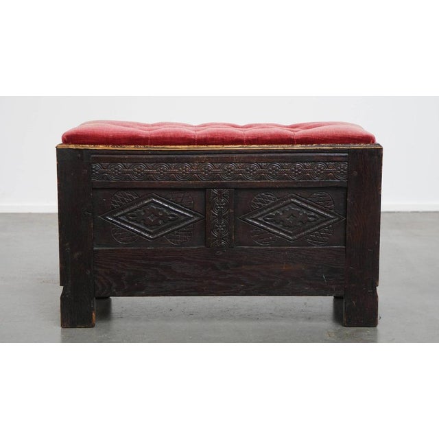 English Bench with Wood Carvings and Red Fabric Padded Seat For Sale - Image 4 of 12