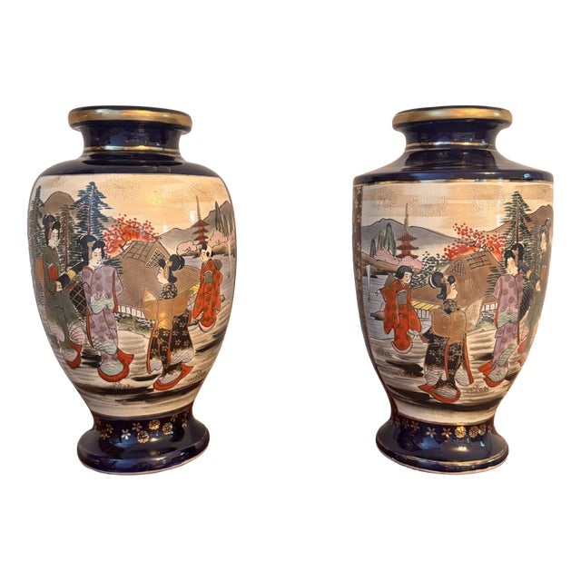 Large Antique Japanese Satsuma Vases, 1890, Set of 2 For Sale