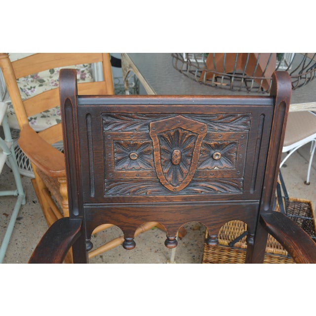 Gothic 1940s Vintage Carved Pair of j.e. Ware Furniture Wainscot Wood Side / Dining Chairs Medieval / Thrones For Sale - Image 3 of 16