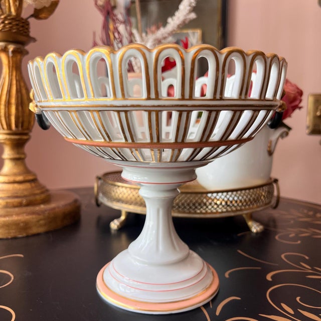 White Antique Old Paris porcelain reticulated compote with gold bow and black ring detail // French porcelain // gilt accents // tazza // elegant For Sale - Image 8 of 12