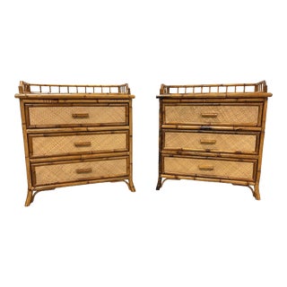 Pair Woven Rattan and Tortoise Bamboo Nightstands With Gallery Top For Sale