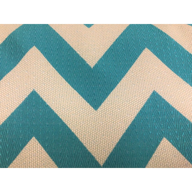 54" wide D.V. Kap Chevron Chic geometric chevron upholstery fabric in turquoise blue and off white. Price is per yard.
