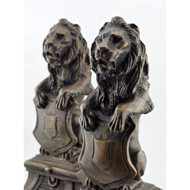 Rare Antique Pair of Victorian-Era Bronze Lion Rampart Bookends on Pedestal. For Sale - Image 13 of 16