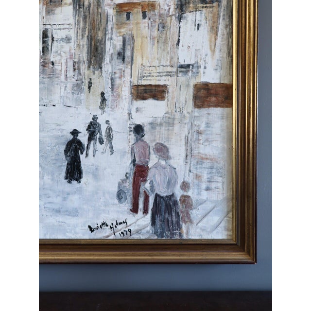 1970s 1979 Modernist 'Old Town Reverie' Vintage Swedish Semi-Abstract Street Scene Oil Painting, Framed For Sale - Image 5 of 11