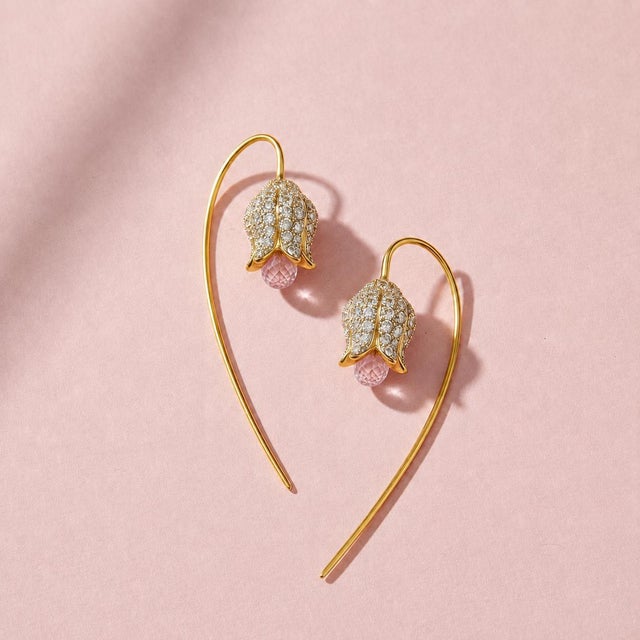 Silver, Gold Lily Flower Earrings With Pink Quartz Briolettes, Pair For Sale - Image 6 of 10