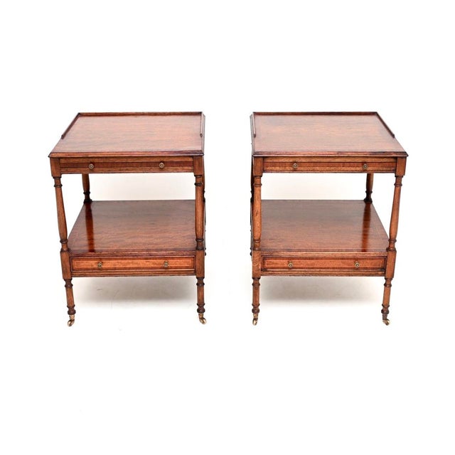 A fantastic pair of antique Georgian style inlaid satinwood side tables. They were made in England, and date from around...