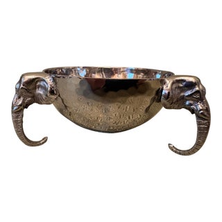 Late 20th Century Silver Hammered Bowl With Decorative Elephant Handles For Sale