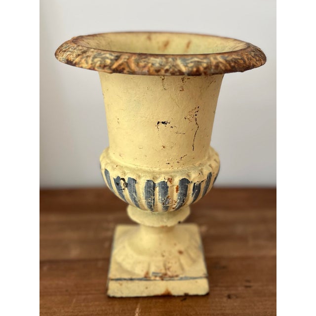 Mid-Century Petite Cast Iron Medici Style Garden Urn in Pale Yellow For Sale - Image 4 of 12
