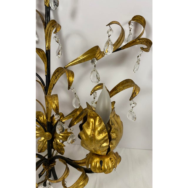 Large Pair French Gold & Rock Crystal Flower Sconces For Sale - Image 12 of 14