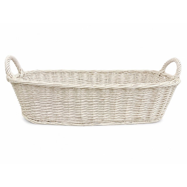 Vintage Long 21 Inch Antique White Painted Wicker Bread Basket With Handles For Sale - Image 4 of 4