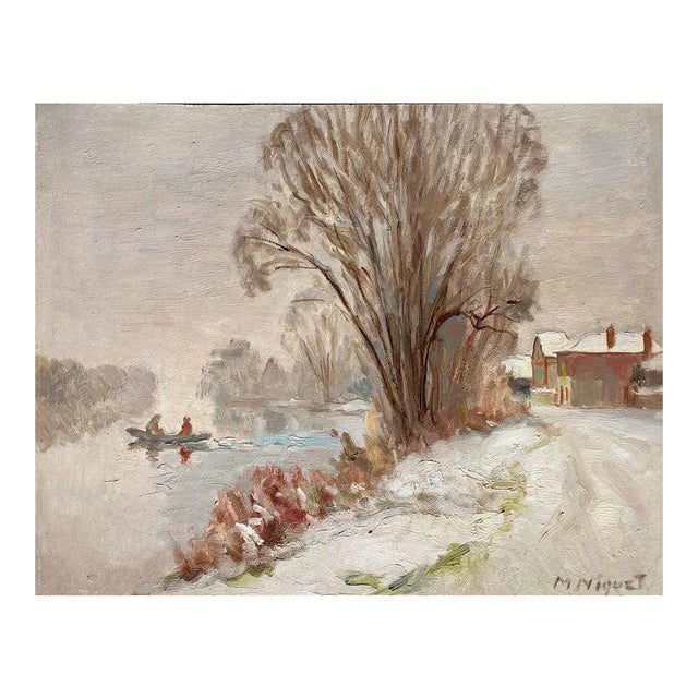1935 Marcel Niquet Bord De Seine Sous La Neige Oil on Board For Sale