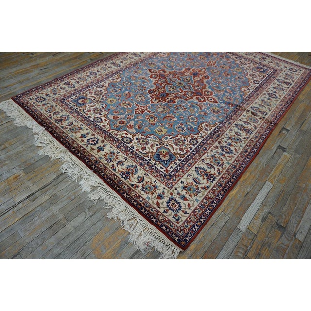 Textile 1940s Classic Blue Ground Medallion Vintage Isfahan Silk Foundation Carpet Rug For Sale - Image 7 of 9