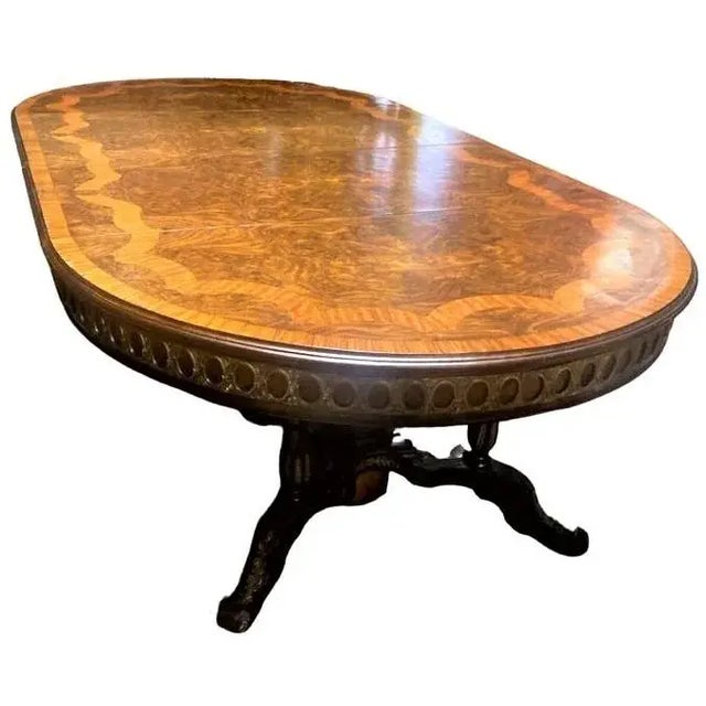 Monumental 19th Century Antique French Empire Dining Table in Burlwood, Satinwood and Mahogany - 60" Round Expands to 96" Oval For Sale - Image 9 of 10