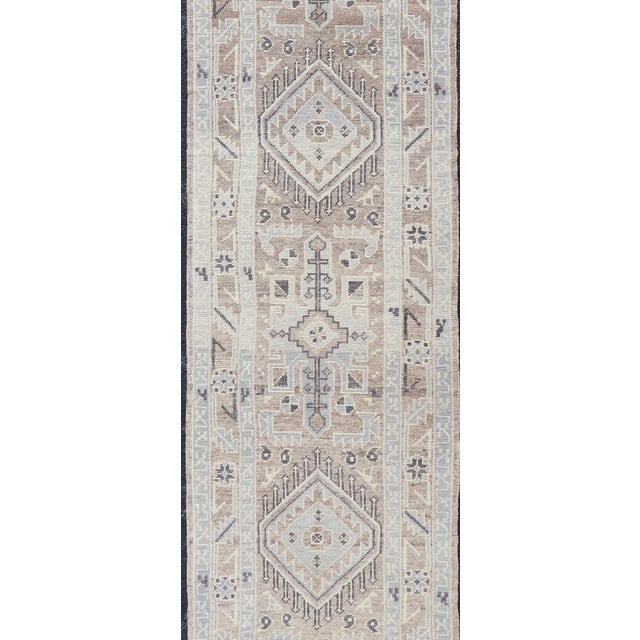 Early 21st Century Turkish Oushak Runner With Soft Beige, Taupe, and Blue Geometric Motifs For Sale - Image 5 of 13