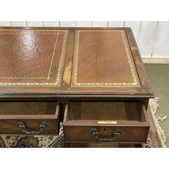 English Desk with Mahogany Pedestals and Leather Top, 1950s For Sale - Image 13 of 18