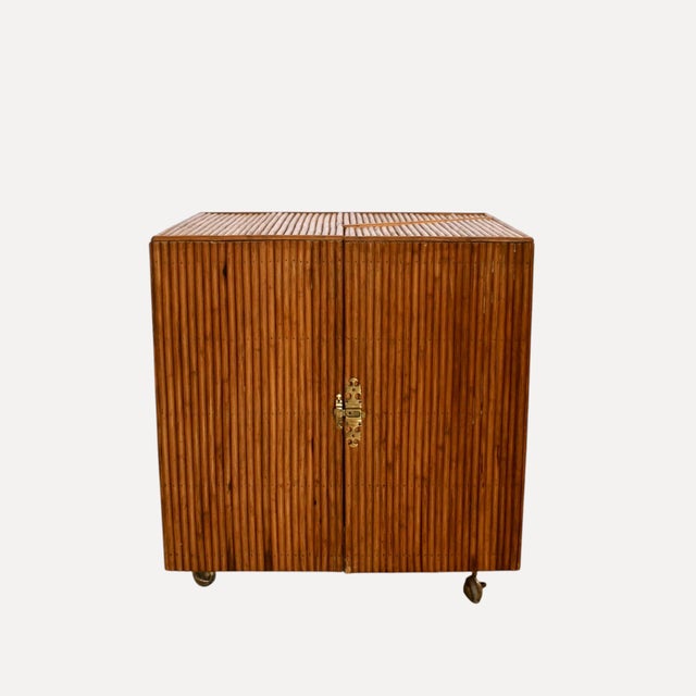 Corner Rattan Bar with Triangular Patterned Top, Brass Hardware and Casters and Wooden Interior with Shelves, Italy, 1970s For Sale - Image 6 of 10