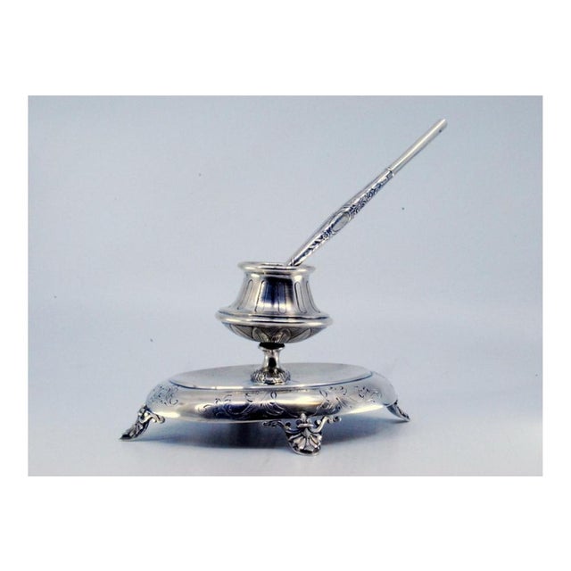 Silver Inkwell with Chiseled Base, Support Feet and Pen, Set of 2, in Very Good conditions. Designed 1890 to 1919 This...
