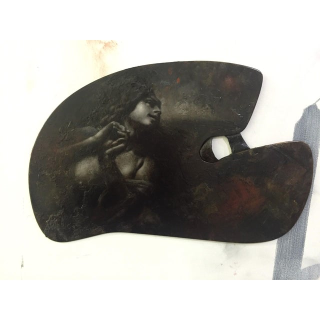 This oil painting presents a striking interplay of light and shadow, featuring a figure engaged in a moment of intense...