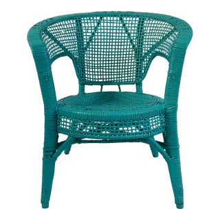 Vintage Coastal Boho Chic Turquoise Painted Wicker Chair. For Sale