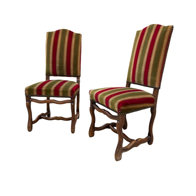 Antique French Mutton Dining Chairs (Os de Mouton). Beautiful striped velvet upholstery with brass nail head trim. A...