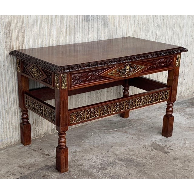 Late 19th Century Early 20th Carved Walnut Side Table With One Drawer and Bronze Mounts For Sale - Image 5 of 13