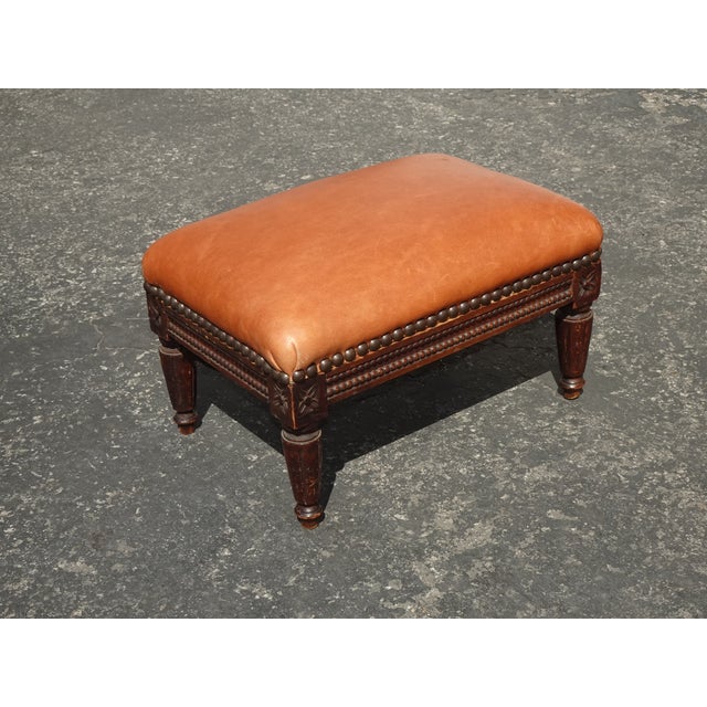 Vintage French Provincial Burnt Orange Leather Footstool For Sale - Image 4 of 12