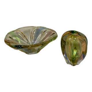 Pizzicato Vase and Bowl attributed to Hana Machovská for Mstišov/Karlovarske Sklo, 1959, Set of 2 For Sale