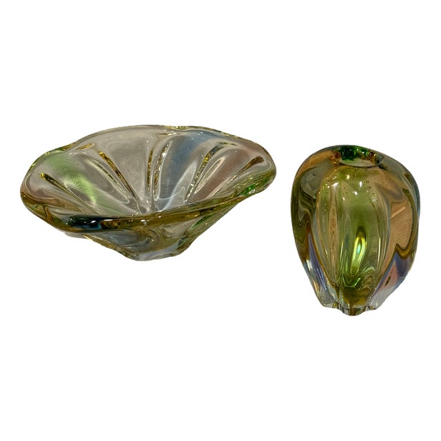 Pizzicato Vase and Bowl attributed to Hana Machovská for Mstišov/Karlovarske Sklo, 1959, Set of 2 For Sale