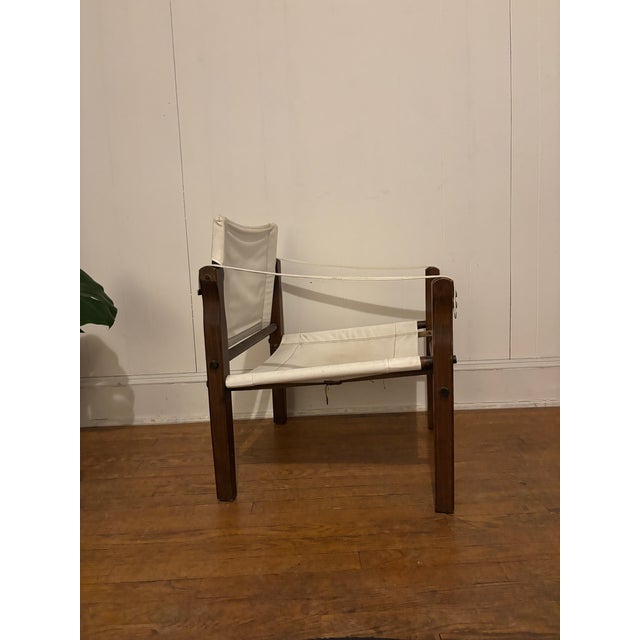 Mid-Century Modern Vintage Safari Lounge Chair – Danish Modern Style, Canvas & Wood Frame For Sale - Image 3 of 6