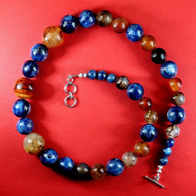 2020s Shimmering Blue Kyanite and Fascinating Spiderweb Jasper Necklace For Sale - Image 5 of 5