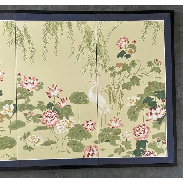 Antique Japanese Byobu Four-Panel “Lotus and Heron” Folding Screen For Sale - Image 4 of 12