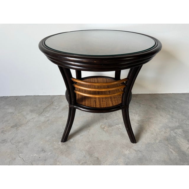 Brown Palecek Coastal Rattan & Leather Accent Side Table With Glass Top For Sale - Image 8 of 10