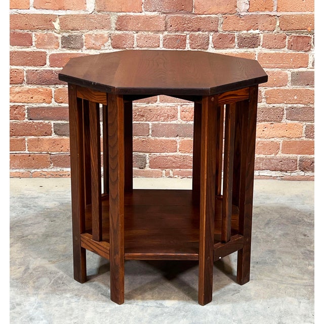 Traditional Vintage Solid Oak Mission Arts & Crafts Octagonal Side / Lamp Table For Sale - Image 3 of 7