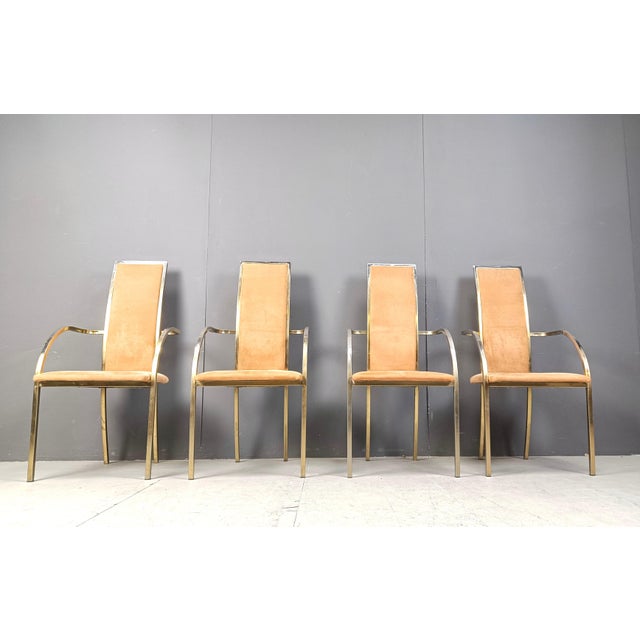 Brass and Alcantara Dining Chairs attributed to Belgochrom from Belgo Chrom / Dewulf Selection, 1970s, Set of 4 For Sale - Image 10 of 11