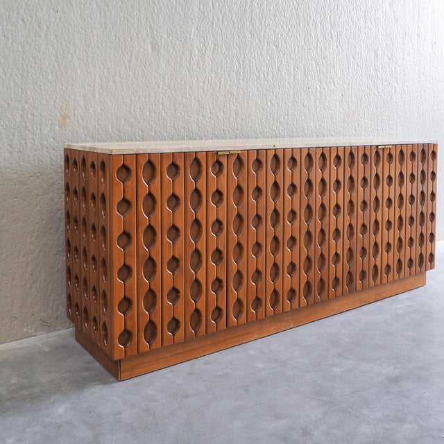 Brutalist Carved Wood Sideboard with Travertine Top For Sale - Image 11 of 17