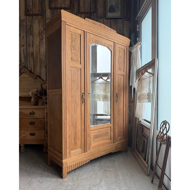 Wood Large Art Deco Oak Wardrobe, 1930s For Sale - Image 7 of 17