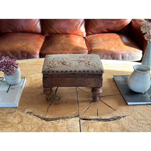 1890s Antique Primitive Needlepoint and Turned Wood Feet Footstool For Sale - Image 10 of 10