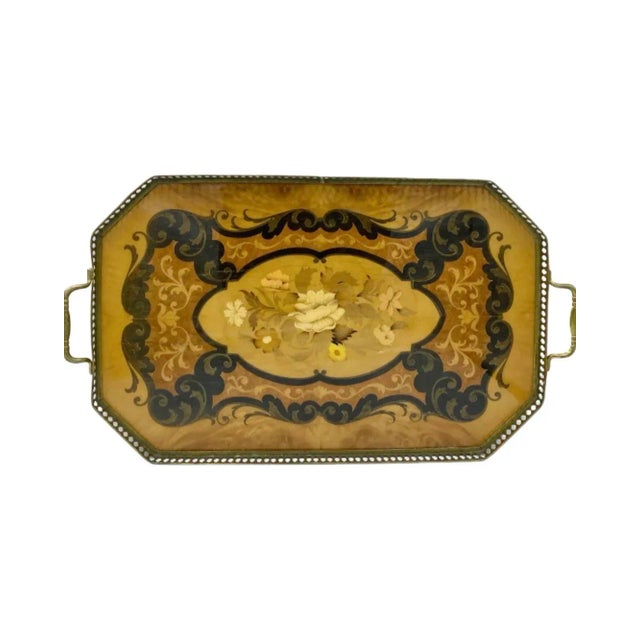 Early 20th Century Marquetry Serving Tray Platter Wood Floral Flower With Brass Gallery For Sale - Image 11 of 12