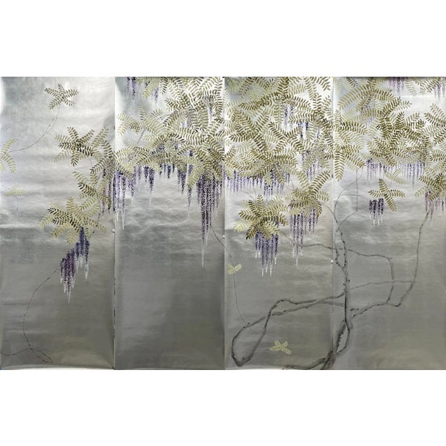 Silver Leaf Wisteria Hand Painted Wallpaper Panels - 4 Panels For Sale