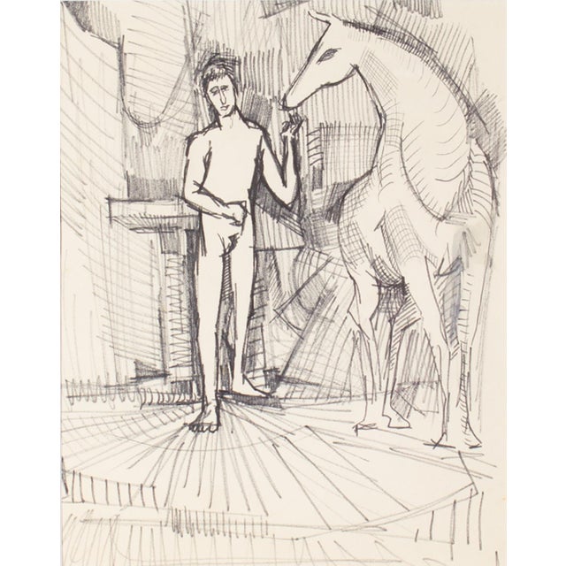 A 1960s ink drawing by the American artist Harry Hilson (1935-2004). This abstract work depicts a nude man with a horse....