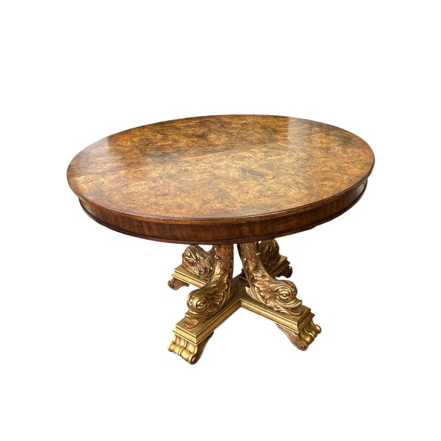 Mid 20th Century Mid 20th Century Impressive Regency Burled Fruitwood Pedestal Center Table With Gilded Dolphin Base For Sale - Image 5 of 14