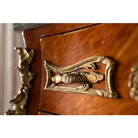 Pair Vintage French Louis XV Bombé Chests, Marble Top Commode Nightstands For Sale - Image 12 of 18