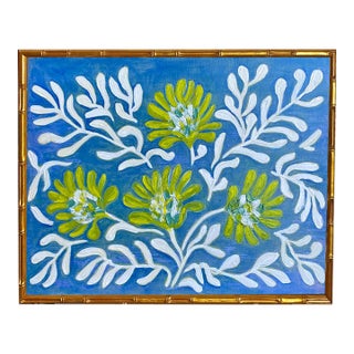 Original Framed Peony Garden Painting Blue and White Floral Wall Art Oil on Canvas in Gold Bamboo Frame, 16x20 Botanical Boho Home Decor For Sale