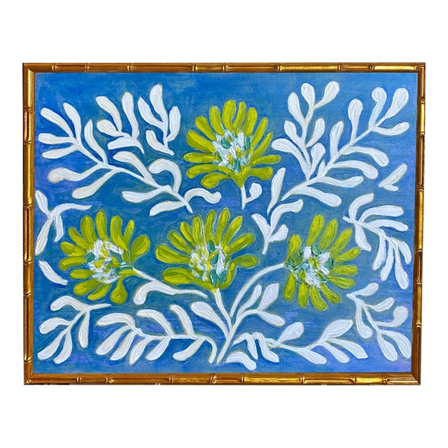Original Framed Peony Garden Painting Blue and White Floral Wall Art Oil on Canvas in Gold Bamboo Frame, 16x20 Botanical Boho Home Decor For Sale