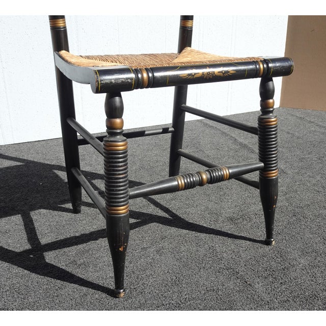 Vintage L. Hitchcock French Country Black Turtle Back Rush Seat Chair Stenciled For Sale - Image 16 of 17