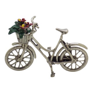 Vintage Italian Handmade Genuine Silver Bicycle With Flower Basket Figurine, Dollhouse Miniature, Made in Tuscany (Arezzo) For Sale